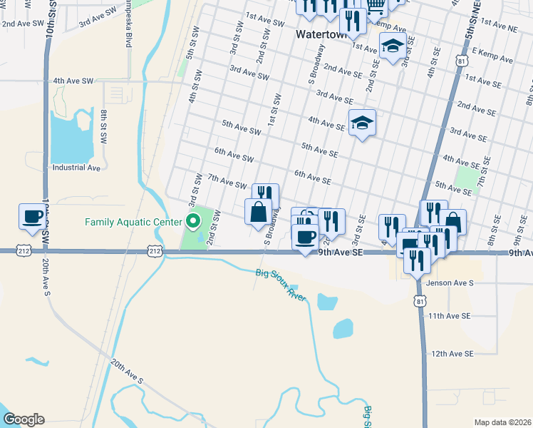 map of restaurants, bars, coffee shops, grocery stores, and more near 720 1st Street Southwest in Watertown