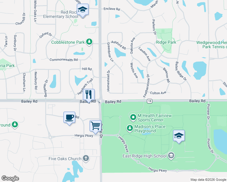 map of restaurants, bars, coffee shops, grocery stores, and more near 8000 Greenbriar Lane in Woodbury