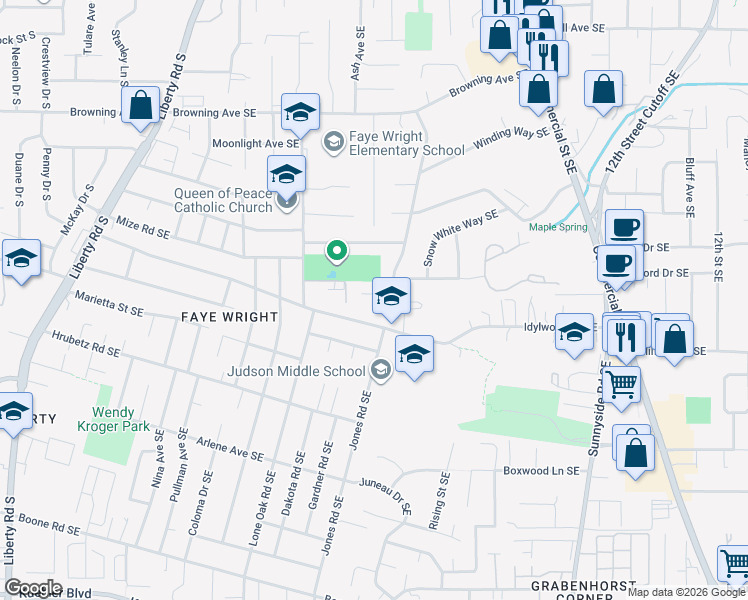 map of restaurants, bars, coffee shops, grocery stores, and more near 4319 Alderbrook Avenue Southeast in Salem