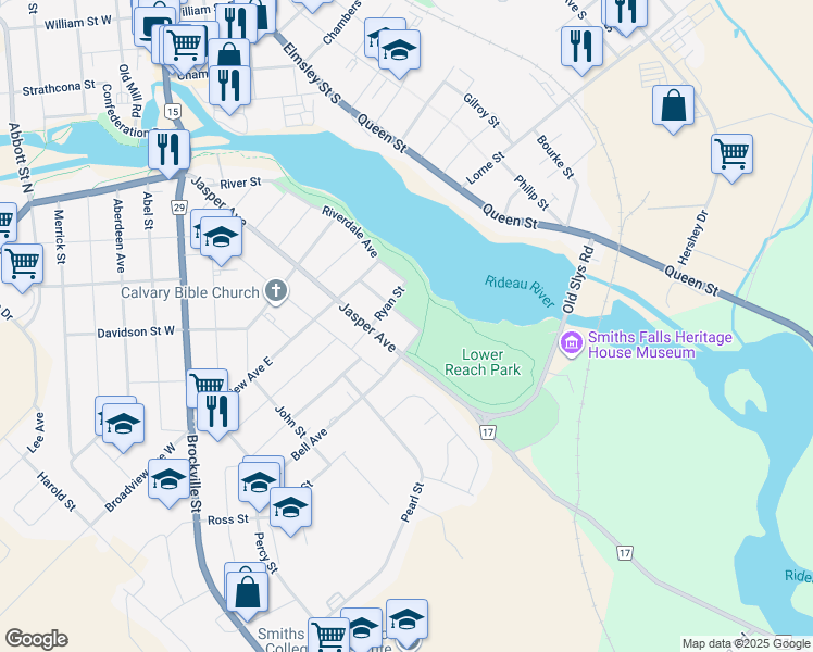 map of restaurants, bars, coffee shops, grocery stores, and more near 222 Frost Street in Smiths Falls