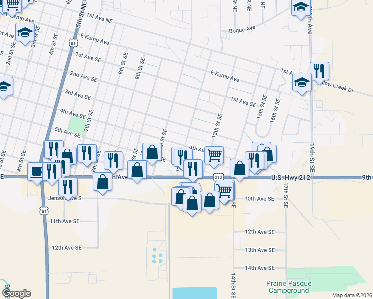 map of restaurants, bars, coffee shops, grocery stores, and more near 1201-1299 4th Avenue Southeast in Watertown