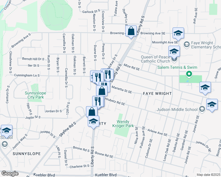 map of restaurants, bars, coffee shops, grocery stores, and more near 4520 Liberty Road South in Salem