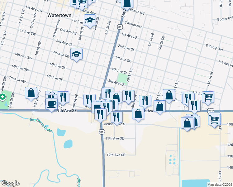 map of restaurants, bars, coffee shops, grocery stores, and more near 500-598 6th St SE in Watertown