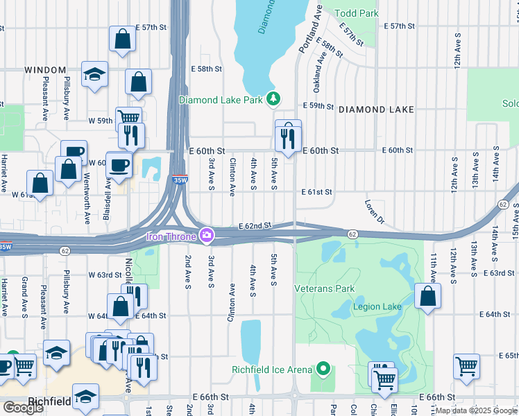 map of restaurants, bars, coffee shops, grocery stores, and more near 6113 4th Avenue South in Minneapolis
