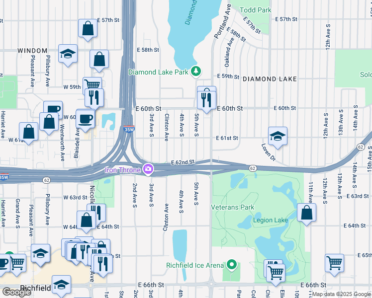 map of restaurants, bars, coffee shops, grocery stores, and more near 6113 4th Avenue South in Minneapolis