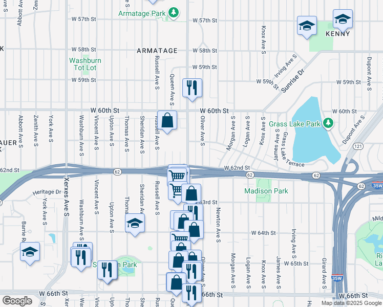 map of restaurants, bars, coffee shops, grocery stores, and more near 6116 Penn Avenue South in Minneapolis