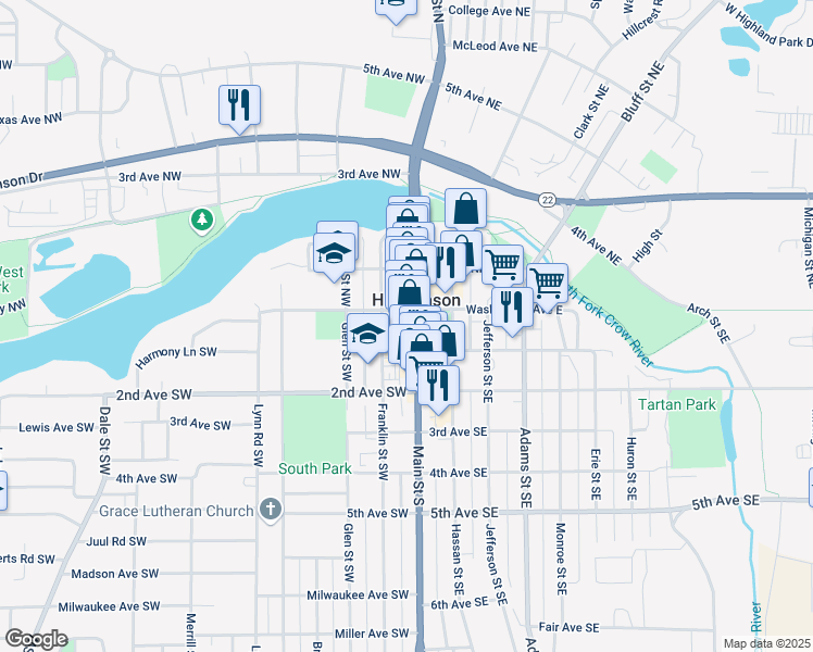map of restaurants, bars, coffee shops, grocery stores, and more near in Hutchinson