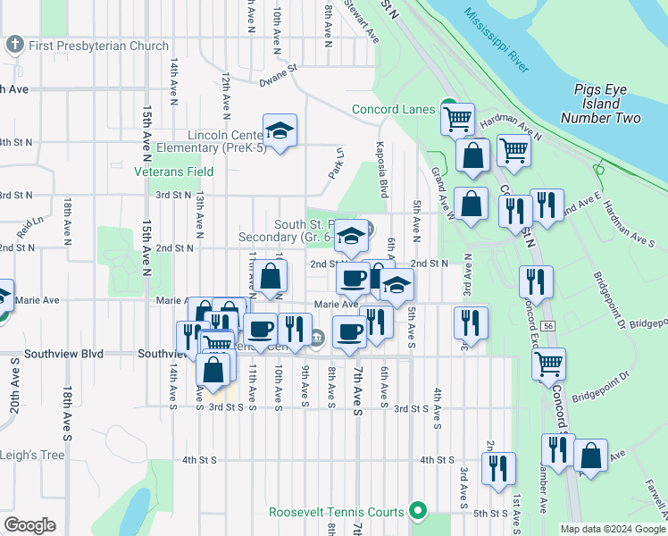 map of restaurants, bars, coffee shops, grocery stores, and more near 143 8th Avenue South in South Saint Paul