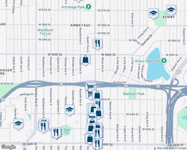 map of restaurants, bars, coffee shops, grocery stores, and more near 6116 Penn Avenue South in Minneapolis