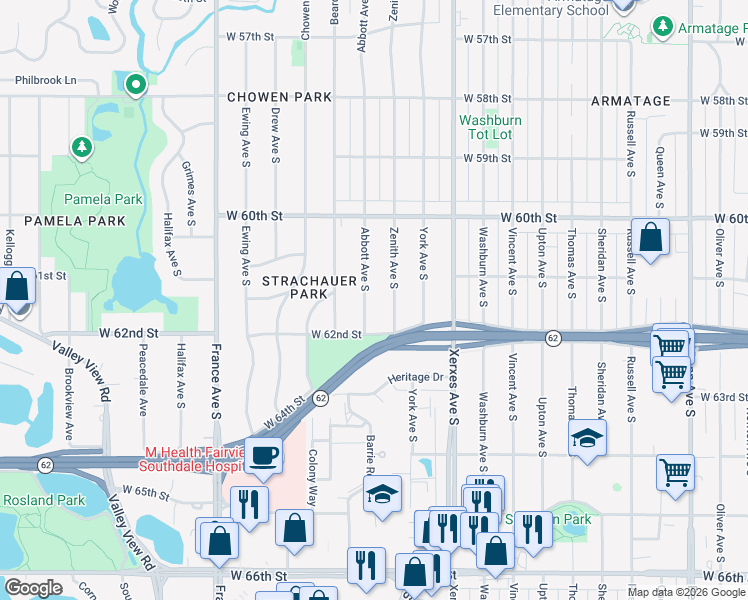 map of restaurants, bars, coffee shops, grocery stores, and more near 6113 Abbott Avenue South in Edina