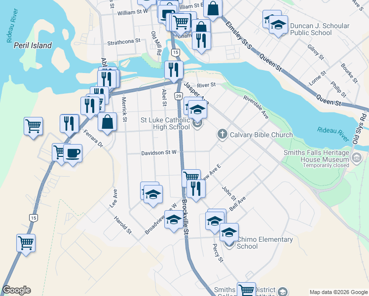 map of restaurants, bars, coffee shops, grocery stores, and more near 143 Brockville Street in Smiths Falls