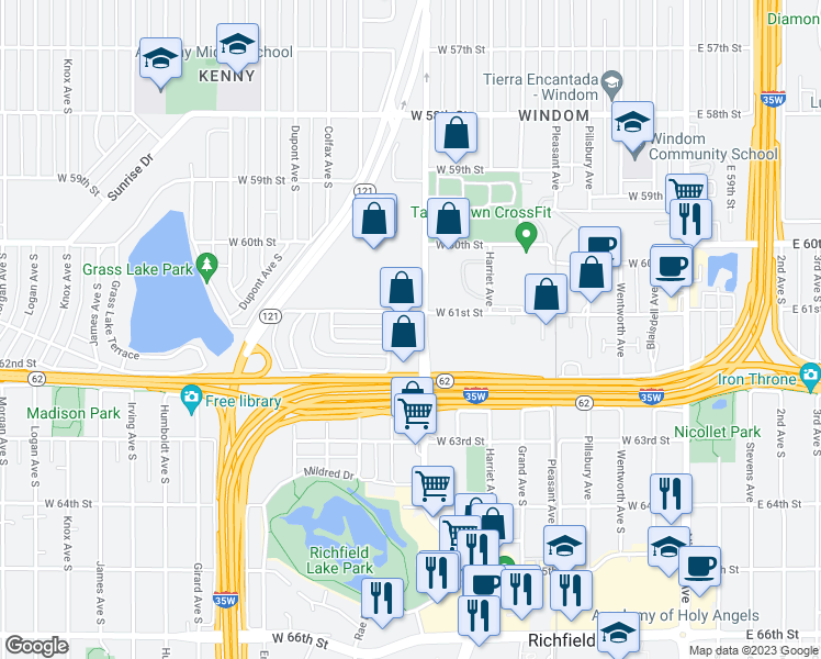 map of restaurants, bars, coffee shops, grocery stores, and more near 721 West 61st Street in Minneapolis