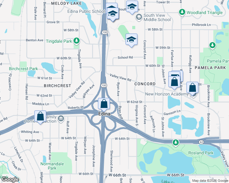 map of restaurants, bars, coffee shops, grocery stores, and more near 6120 Ryan Avenue in Minneapolis
