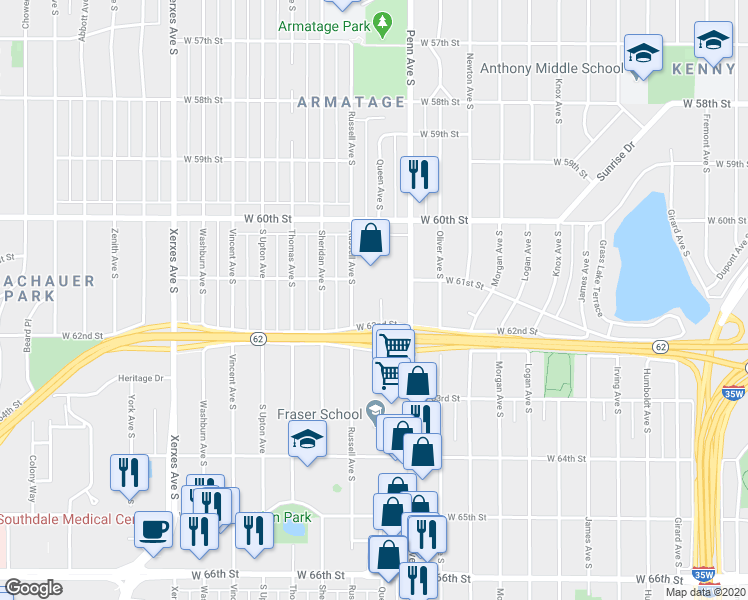 map of restaurants, bars, coffee shops, grocery stores, and more near 6116 Queen Avenue South in Minneapolis