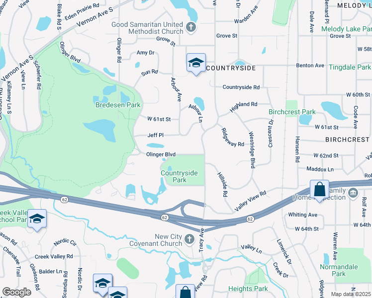 map of restaurants, bars, coffee shops, grocery stores, and more near 5710 Olinger Blvd in Minneapolis