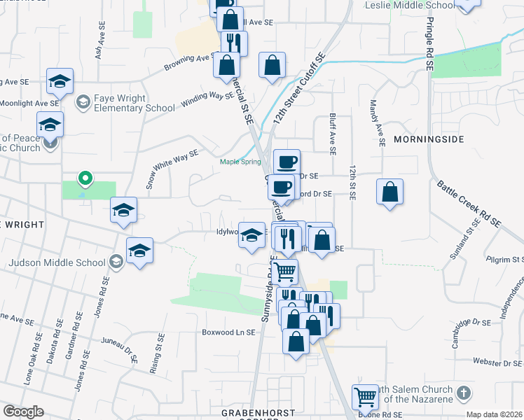 map of restaurants, bars, coffee shops, grocery stores, and more near 4343 Sunnyside Road Southeast in Salem