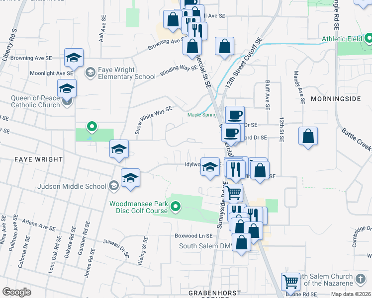 map of restaurants, bars, coffee shops, grocery stores, and more near 697 Idylwood Drive Southeast in Salem