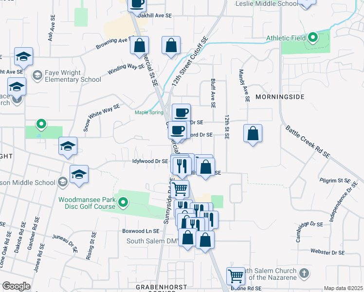 map of restaurants, bars, coffee shops, grocery stores, and more near 4336 Commercial Street Southeast in Salem