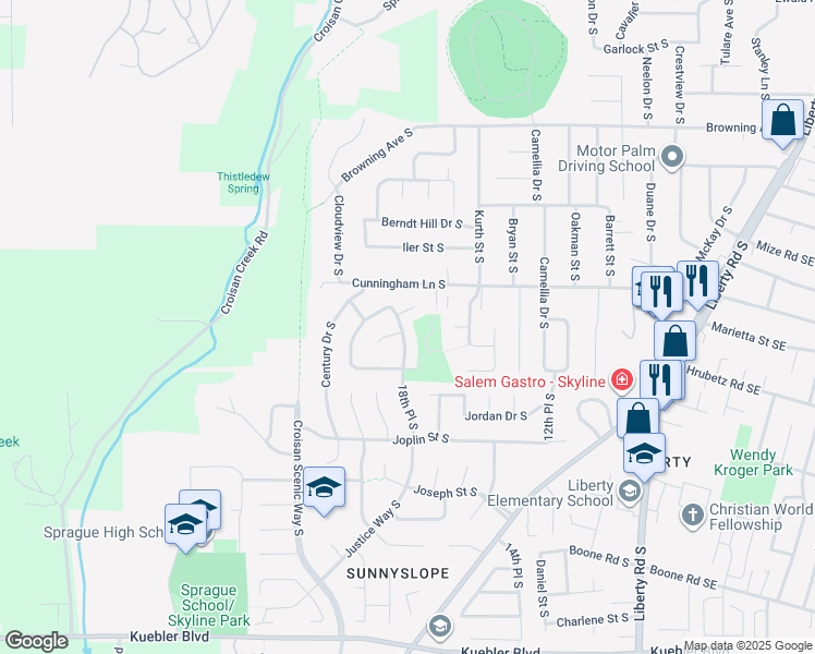 map of restaurants, bars, coffee shops, grocery stores, and more near 4490 18th Place South in Salem