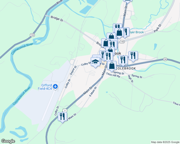 map of restaurants, bars, coffee shops, grocery stores, and more near 27 Dumont Street in Colebrook