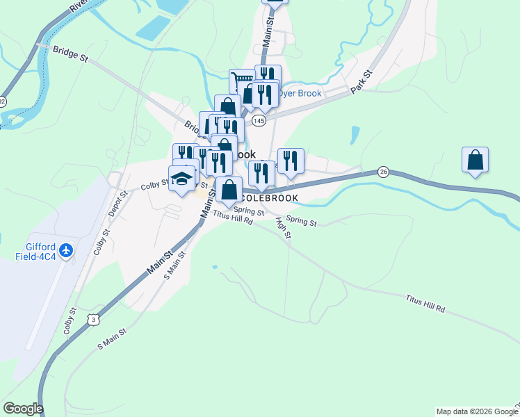 map of restaurants, bars, coffee shops, grocery stores, and more near 27 Spring Street in Colebrook