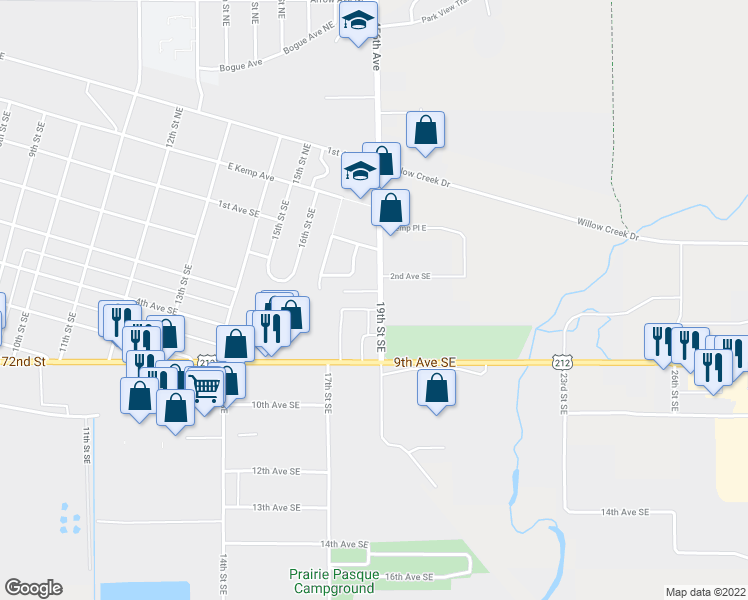 map of restaurants, bars, coffee shops, grocery stores, and more near 217 19th Street Southeast in Watertown
