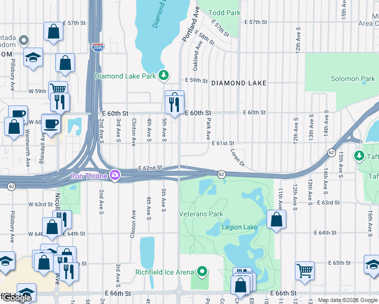 map of restaurants, bars, coffee shops, grocery stores, and more near 6150 Park Avenue in Minneapolis