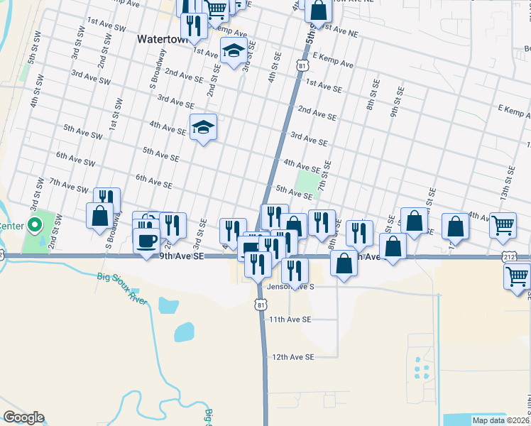 map of restaurants, bars, coffee shops, grocery stores, and more near 515 6th Avenue Southeast in Watertown