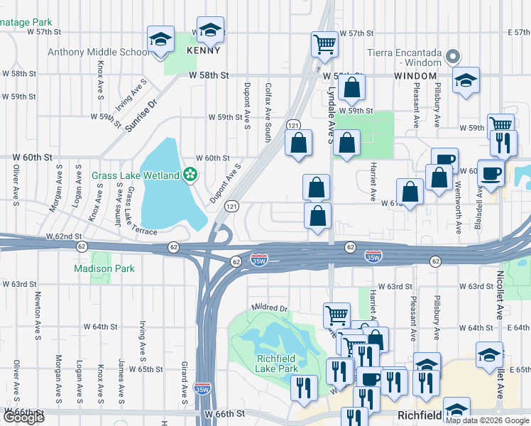 map of restaurants, bars, coffee shops, grocery stores, and more near 6110 Colfax Lane South in Minneapolis