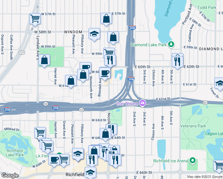 map of restaurants, bars, coffee shops, grocery stores, and more near 6113 Nicollet Avenue in Minneapolis