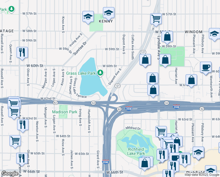 map of restaurants, bars, coffee shops, grocery stores, and more near 6137 1/2 Dupont Avenue South in Minneapolis