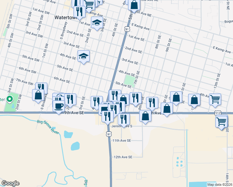 map of restaurants, bars, coffee shops, grocery stores, and more near 515 6th Avenue Southeast in Watertown