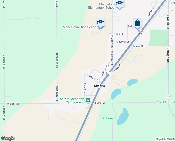 map of restaurants, bars, coffee shops, grocery stores, and more near 9831-9837 Brown Street in Mancelona