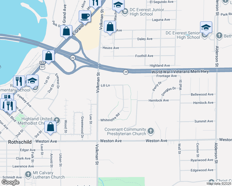 map of restaurants, bars, coffee shops, grocery stores, and more near 1411 Lili Lane in Schofield