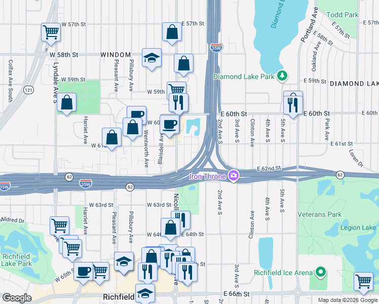 map of restaurants, bars, coffee shops, grocery stores, and more near 6113 Nicollet Avenue in Minneapolis