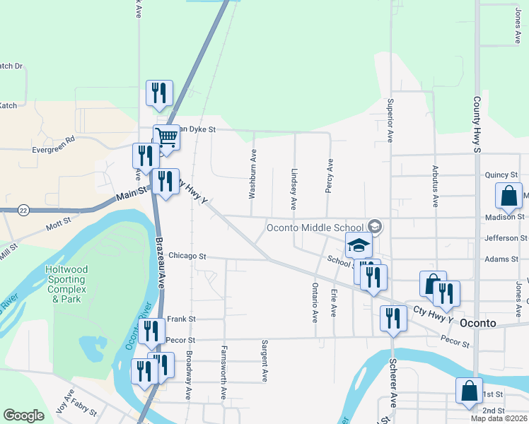 map of restaurants, bars, coffee shops, grocery stores, and more near 203 Madison Street in Oconto