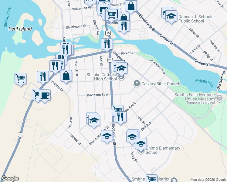 map of restaurants, bars, coffee shops, grocery stores, and more near 141 Brockville Street in Smiths Falls