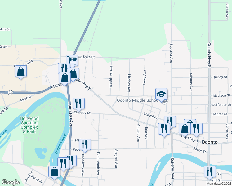 map of restaurants, bars, coffee shops, grocery stores, and more near 203 Madison St in Oconto
