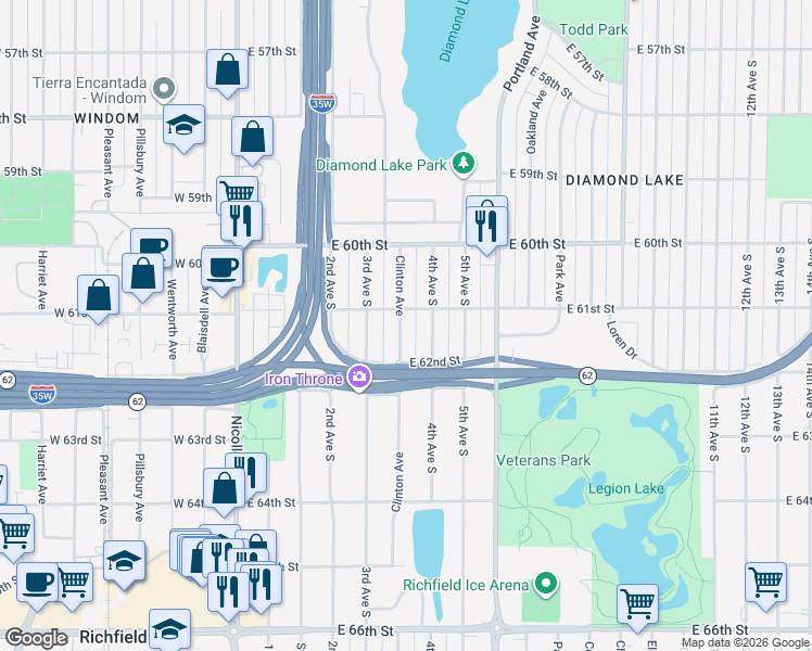 map of restaurants, bars, coffee shops, grocery stores, and more near 6113 Clinton Avenue in Minneapolis