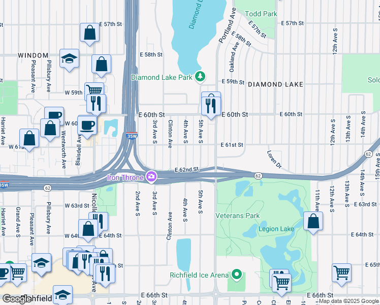 map of restaurants, bars, coffee shops, grocery stores, and more near 6113 4th Avenue South in Minneapolis