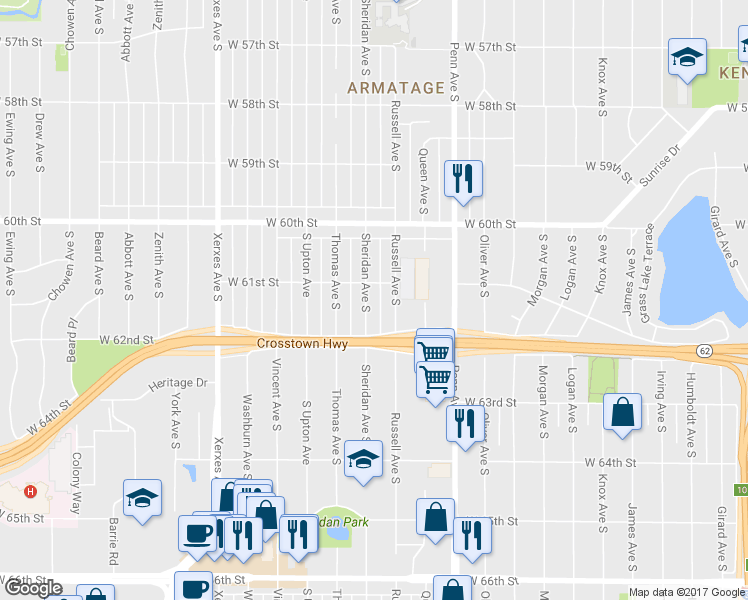 map of restaurants, bars, coffee shops, grocery stores, and more near 6113 Sheridan Avenue South in Minneapolis