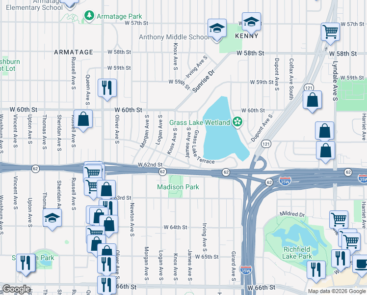 map of restaurants, bars, coffee shops, grocery stores, and more near 6060 James Avenue South in Minneapolis