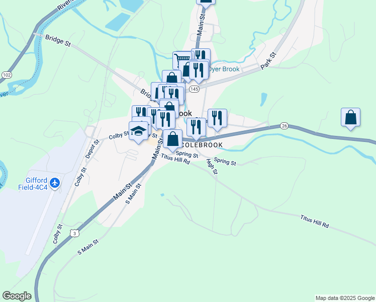 map of restaurants, bars, coffee shops, grocery stores, and more near 27 Spring Street in Colebrook