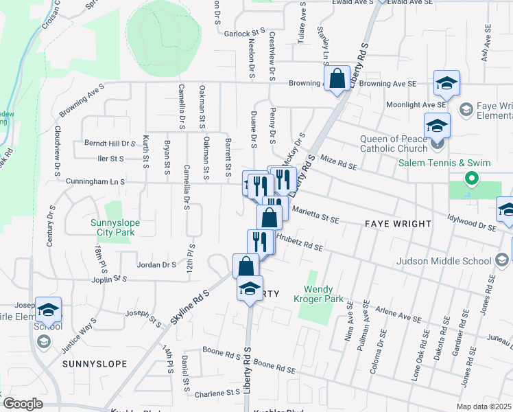 map of restaurants, bars, coffee shops, grocery stores, and more near 4555 Liberty Road South in Salem