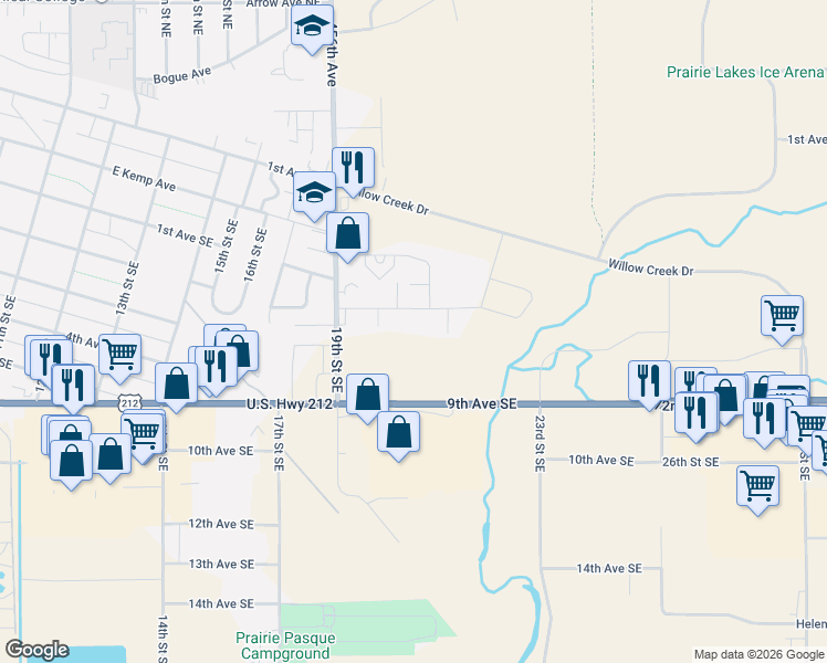 map of restaurants, bars, coffee shops, grocery stores, and more near 1998 2nd Avenue Southeast in Watertown