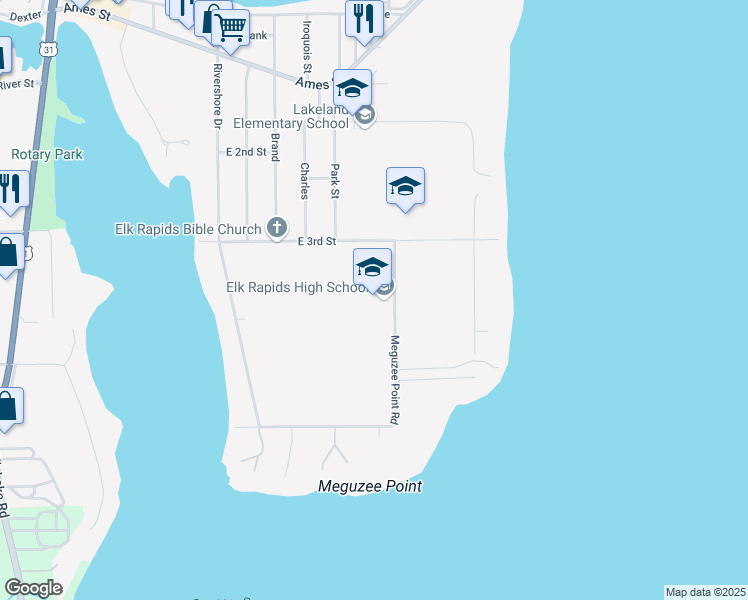 map of restaurants, bars, coffee shops, grocery stores, and more near 308 Meguzee Point Road in Elk Rapids