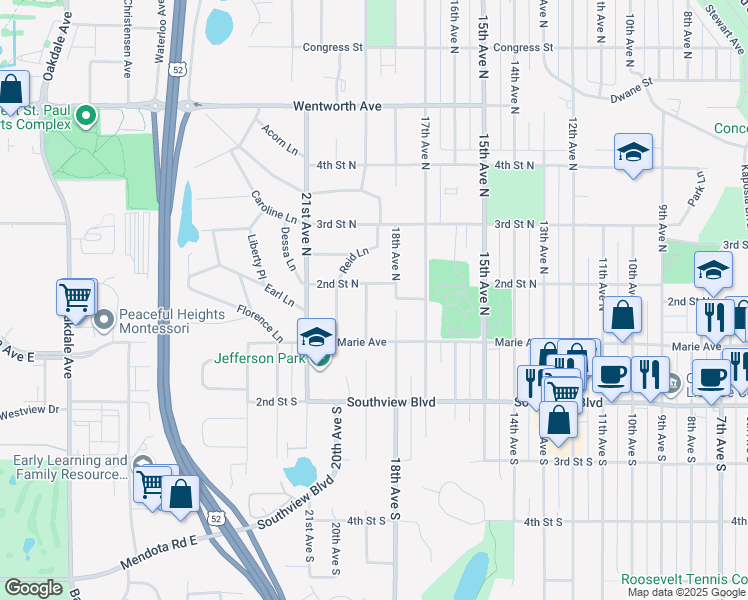 map of restaurants, bars, coffee shops, grocery stores, and more near 144 19th Avenue North in South Saint Paul