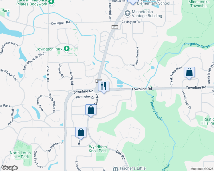map of restaurants, bars, coffee shops, grocery stores, and more near 6151 Creek View Ridge in Minnetonka