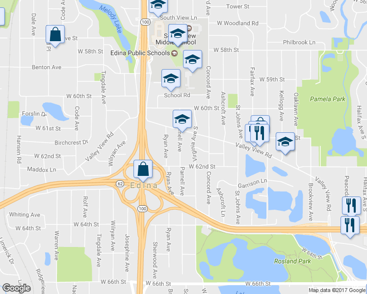 map of restaurants, bars, coffee shops, grocery stores, and more near 6113 Parnell Avenue in Minneapolis