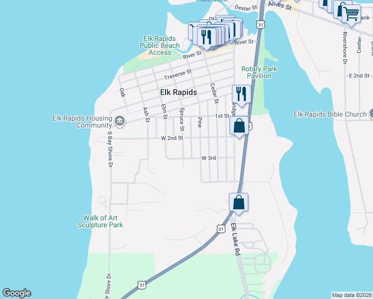 map of restaurants, bars, coffee shops, grocery stores, and more near 601-617 Spruce in Elk Rapids